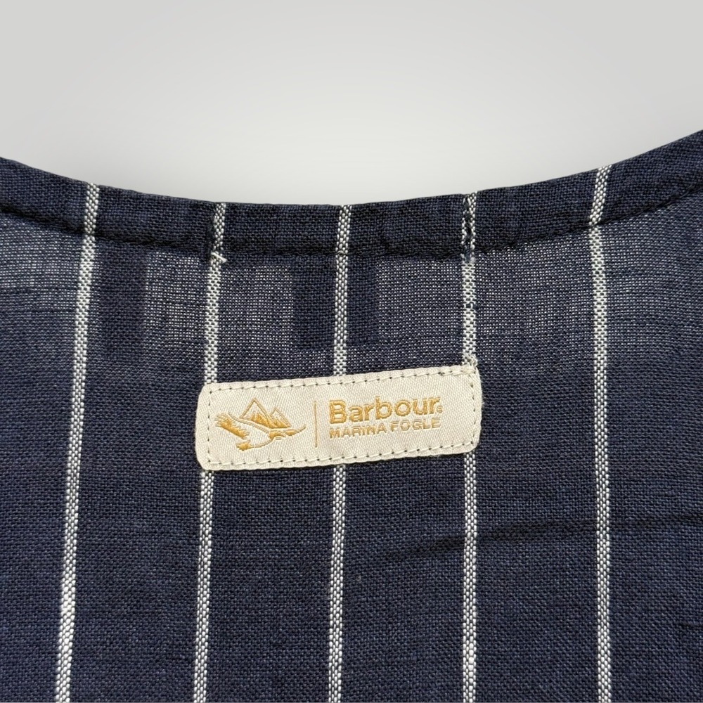 Barbour Marina Fogle Wickham Dress Navy Blue Pinstripe 100% Linen Midi Womens 4 - Picture 7 of 9